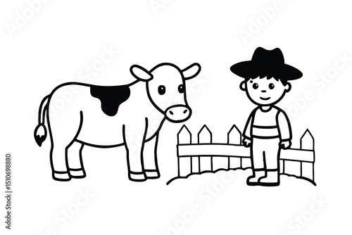 Child farmer looking at cow behind fence line art