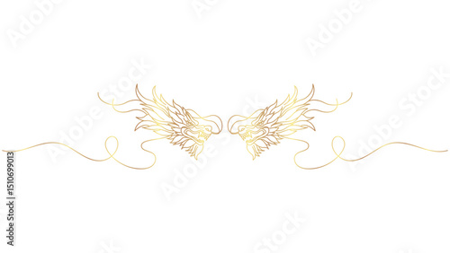 Elegant golden dragons symmetrical design on white background, magical creatures