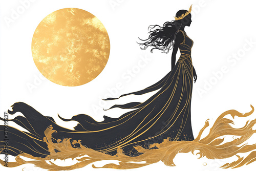 A Greek goddess with flowing robes and a golden crown silhouette