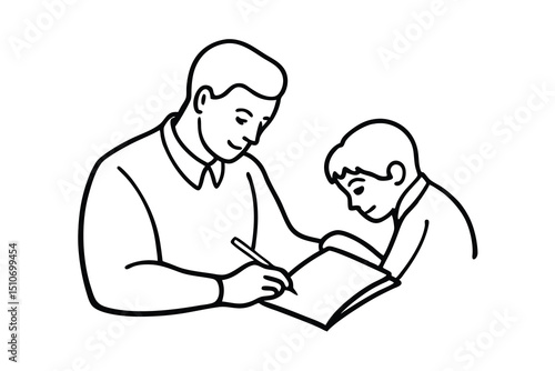 Father and son studying together line art illustration