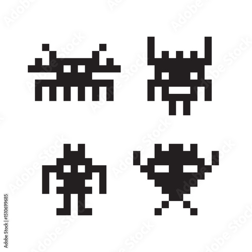 Minimalist Pixelated Alien Character Collection Icon Set in Retro Style
