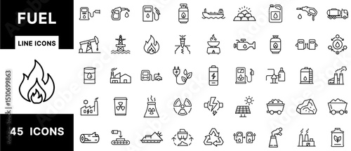 Fuel Line Icons Set Featuring Oil Rigs, Gas Pumps, Electric Charging, Biofuel, Battery Power, Nuclear Energy, Refinery Plants, Tankers, and Resource Extraction