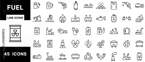 Fuel Line Icons Set Featuring Oil Rigs, Gas Pumps, Electric Charging, Biofuel, Battery Power, Nuclear Energy, Refinery Plants, Tankers, and Resource Extraction
