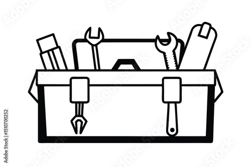 Line art illustration of a tool box with wrenches and tools