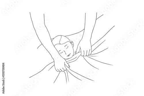 Gentle hands tucking child into bed line art illustration