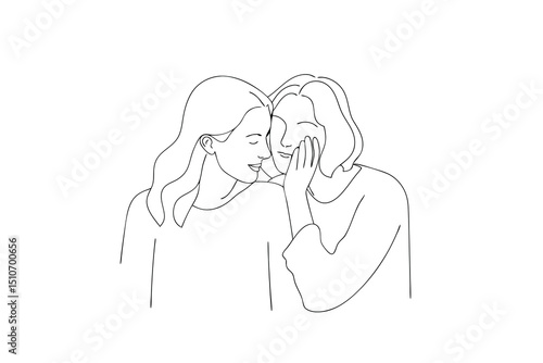 Two women sharing a secret line art illustration