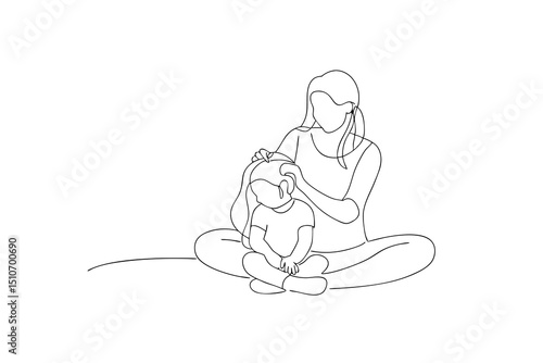 Mother daughter line art sitting together mom fixing hair