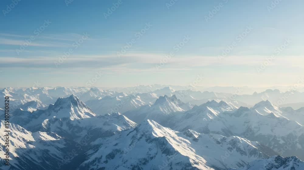 Aerial View of Snow Covered Mountain Peaks Under a Clear Blue Sky in Winter Aerial View of Snow Covered Mountain Peaks Under a Clear Blue Sky in Winter