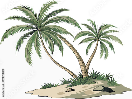 Tropical Palm Trees on a Sandy Island Illustration.