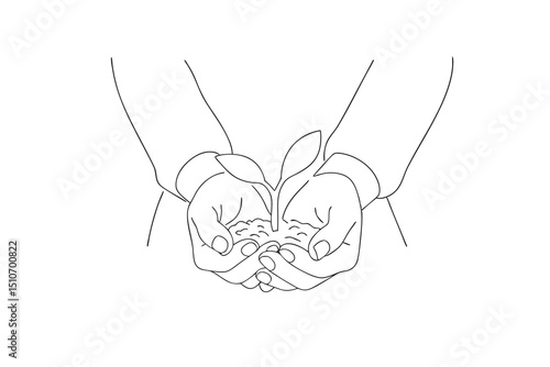Hands gently holding a young plant seedling line art