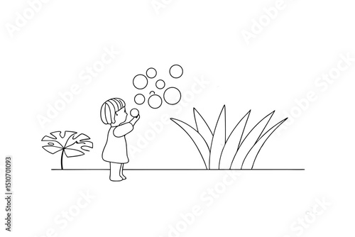 Child blowing bubbles line art illustration simple design