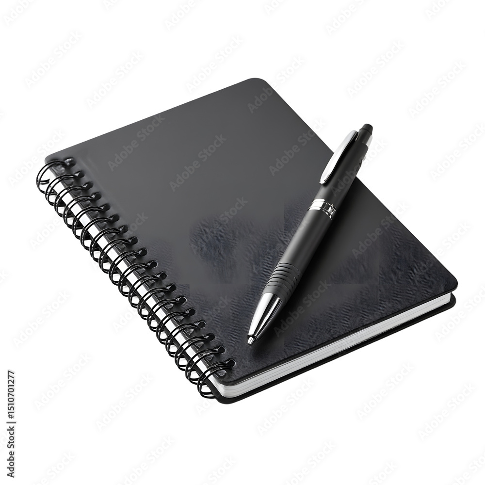 Black notebook and pen on a black background. The notebook has a spiral binding and a smooth cover. Black notebook and pen on a black background. The notebook has a spiral binding and a smooth cover.