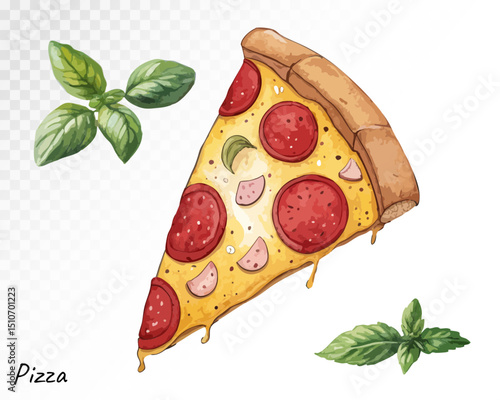 Watercolor slice of pizza with pepperoni, basil and cheese, hand-painted in warm colors, ideal for Italian cuisine illustrations. Vector illustration