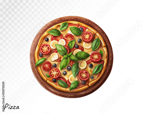 Watercolor pizza topped with olives, basil, cheese and tomato sauce in a classic Italian style, perfect for culinary illustrations. Vector illustration