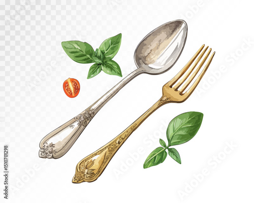 Watercolor composition of vintage fork, spoon with basil and tomato, perfect for culinary and kitchen-themed illustrations. Vector illustration