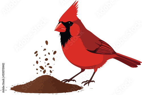Vector illustration of various red and black birds on branches in a winter wildlife scene