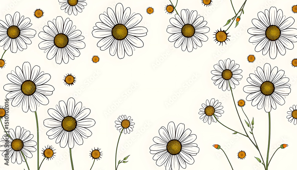 Obraz premium Chic and delicate chamomile and daisy floral design on a soft beige backdrop with ample room for text. with white shades