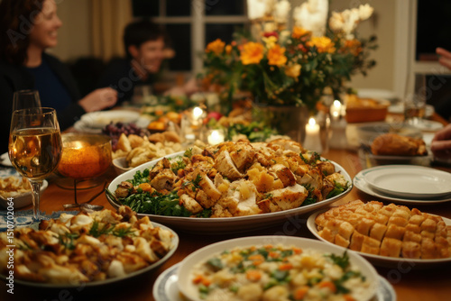 Dining table overflowing with delicious food, surrounded by smiling friends enjoying a festive meal together.