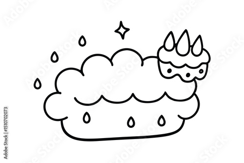 Cute cartoon cloud raining cake line art illustration