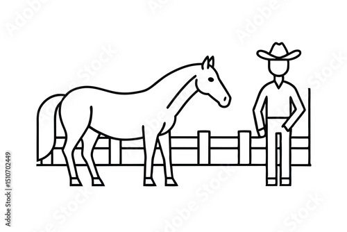 Line art illustration cowboy horse ranch fence
