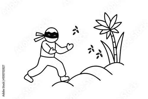 A line art ninja stealthily ascending a hill