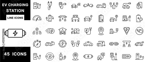 EV Charging Station Line Icons Set Featuring Electric Vehicle Chargers, Charging Cables, Battery Level, Charging Map Pins, Fast Charge, Smart Grid, and Plug Ports