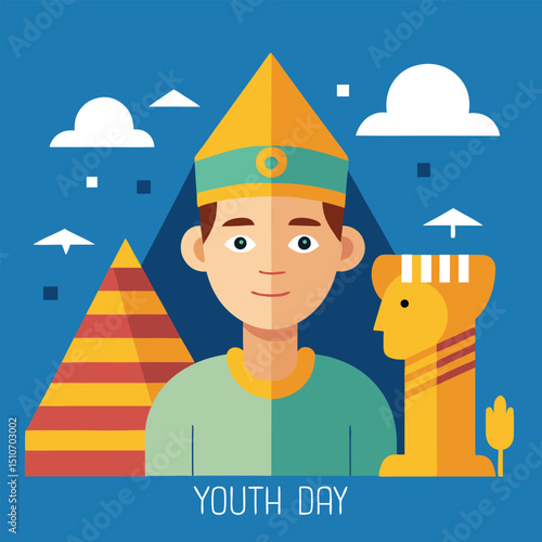 Youth Day pharaoh with Egyptian pyramids and hieroglyphics vector illustration