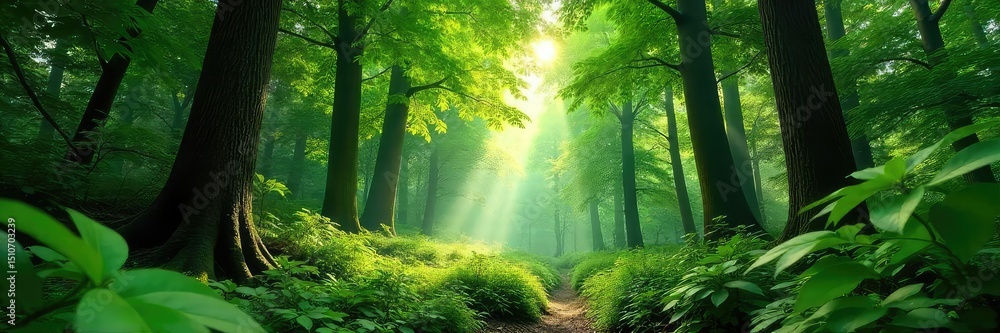 Obraz premium Lush green forest canopy, dappled sunlight filtering through leaves, creating a magical atmosphere Perfect for nature, ecology, and environmental themes , pattern, serenity, texture