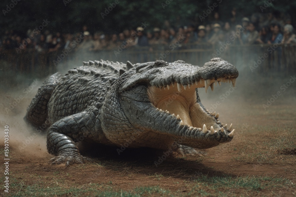 Obraz premium A thrilling scene of a crocodile race where the alligator leads with an open jaw. Spectators look on from stands around dirt ground.