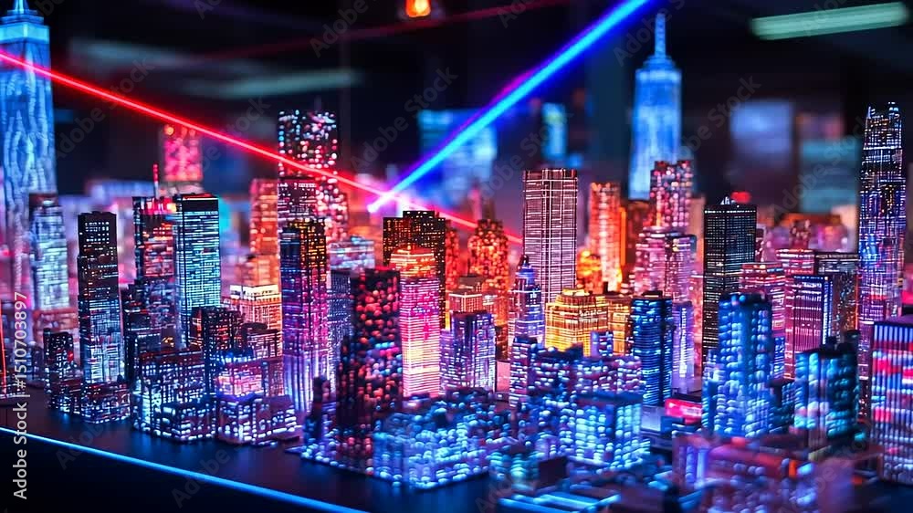 Vibrant miniature cityscape illuminated with neon lights, showcasing futuristic architecture and lasers Vibrant miniature cityscape illuminated with neon lights, showcasing futuristic architecture and lasers