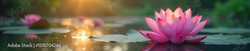 Serene pink lotus flowers blossom on a tranquil pond at dawn, creating a breathtaking natural background Perfect for meditation, spa, or yoga themes , peaceful, nirvana