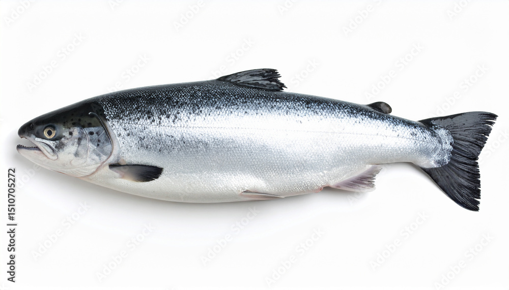 Naklejka premium Close-up of grey Atlantic salmon fish, fresh seafood on white background, isolated