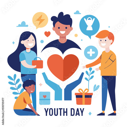 Youth Day volunteer helping others with heart and kindness vector illustration