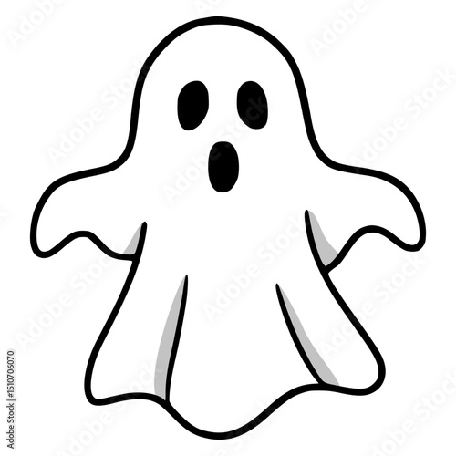 Vector illustration of a cute cartoon ghost with a surprised expression, featuring bold black outlines and subtle gray shading, perfect for Halloween designs.