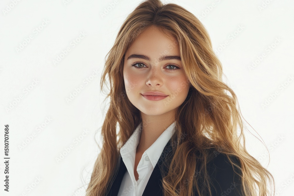 2 Happy young businesswoman with long wavy hair dressed in elegant office attire holding a digital tablet and looking at the viewer with a friendly expression 2 Happy young businesswoman with long wavy hair dressed in elegant office attire holding a digital tablet and looking at the viewer with a friendly expression