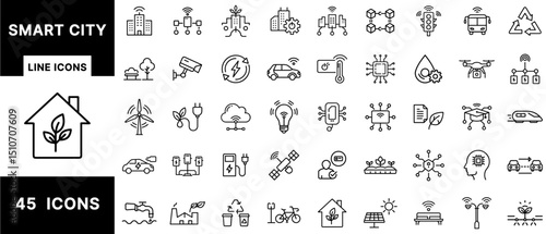 Smart City Line Icons Set Featuring IoT Infrastructure, Renewable Energy, Smart Mobility, Urban Sustainability, Public Services, AI Integration, and Green Buildings