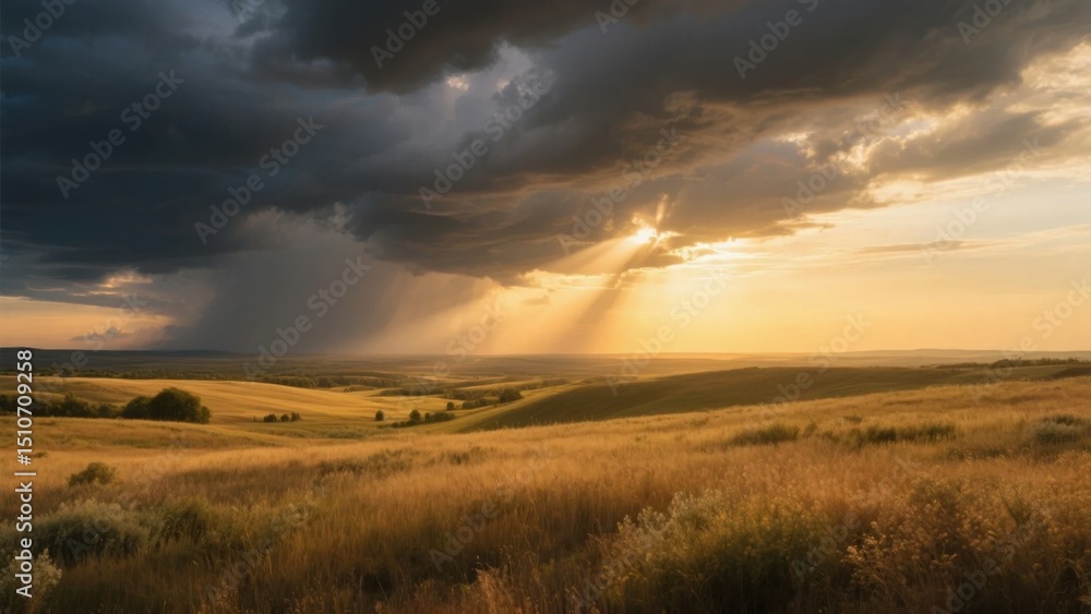 Storm clouds loom over prairie as golden light pierces through, nature's dramatic contrast unfolds Storm clouds loom over prairie as golden light pierces through, nature's dramatic contrast unfolds