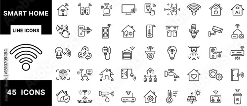 Smart Home Line Icons Set Featuring Wireless Control, Security Cameras, Energy Management, IoT Devices, Smart Lighting, Thermostats, Automation, and AI Systems