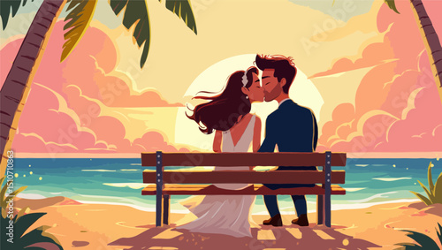 Romantic couple kissing on beach bench 