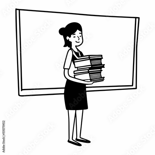 cartoon female teacher carrying books, and blackboard behind