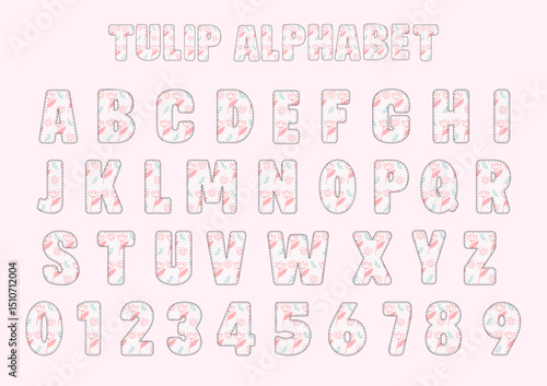 Set Alphabet Letters and Numbers with tulip flower and butterfly element, Font set, letter of alphabet set, Spring's Day theme, Wedding theme, Typography typeface uppercase A to Z, Vector illustration