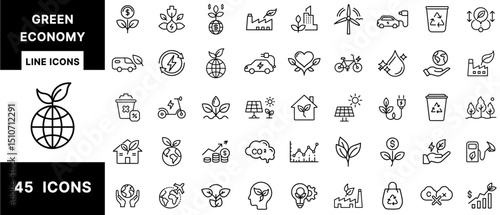 Green Economy Line Icons Set Featuring Sustainable Industry, Eco-Investment, Clean Energy, Electric Vehicles, CO2 Reduction, Recycling, and Renewable Resources