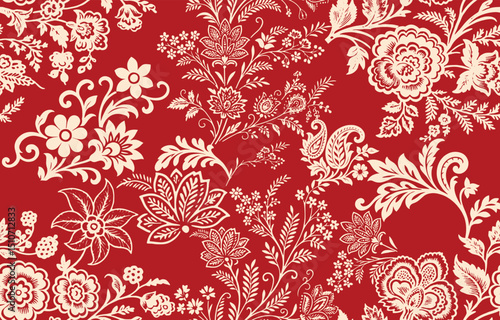 floral pattern vintage ethnic modern embroidery texture boho design vector illustration hand drawn pink flower motif branches leaves wallpaper seamless background border.