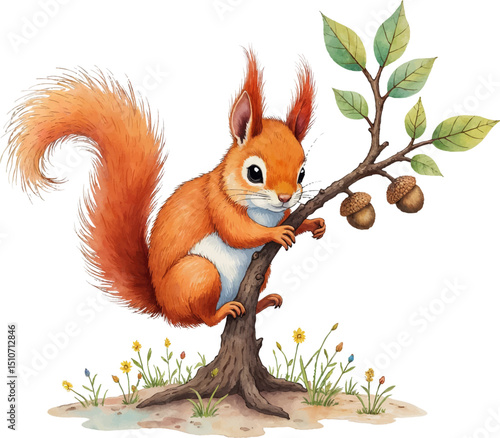 Squirrel decorating tree with acorns in watercolor style illustration, showcasing earthy colors and natural beauty, kids illustration