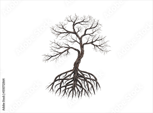 Dead tree, dry mangroves, tree and roots isolated on white