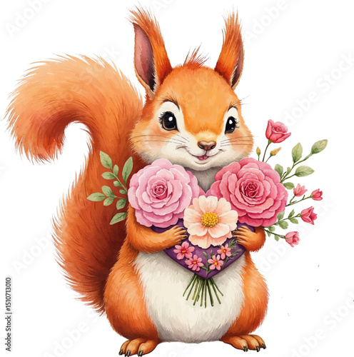 Squirrel holding a heart-shaped bouquet of flowers in soft pastel colors for Mother's Day celebration, kids illustration