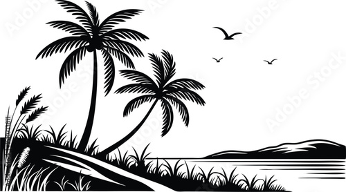 Black silhouette drawing of palm trees and a beach