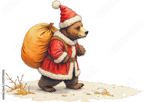Watercolor illustration of a bear dressed as St Nicholas with a bag ready for St Nicholas Day celebration, kids illustration
