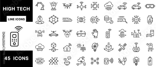 High Tech Line Icons Set Featuring AI, Robotics, Blockchain, Drones, Smart Sensors, Cloud Computing, Virtual Reality, AR, IoT, Smart Cities, and Wearable Devices