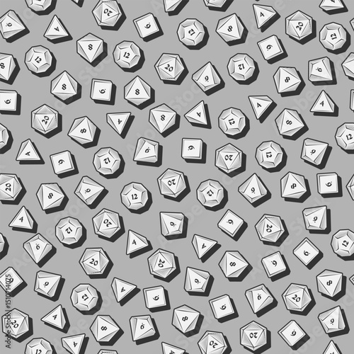 Monochrome Seamless Pattern of D4, D6, D8, D10, D12, and D20 Dice for Board Games in Sketch Style